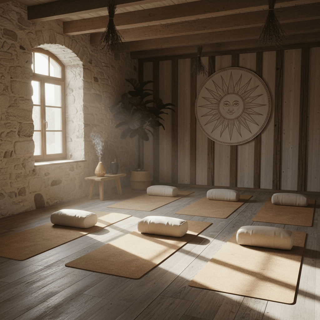 Peaceful yoga room with natural light