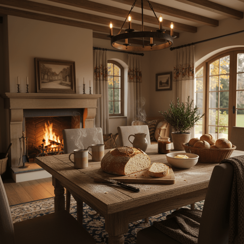 Warm dining room table set for a homemade meal