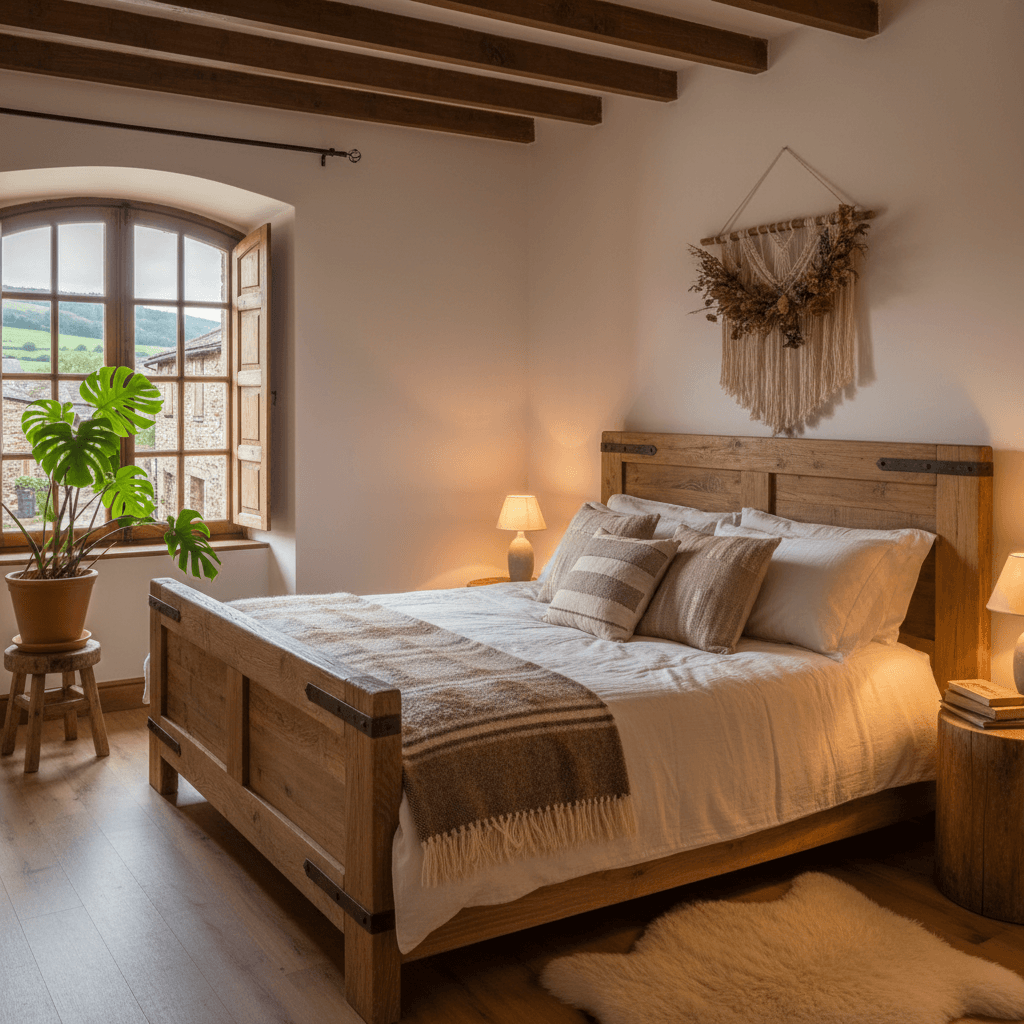 Sunny bedroom with a bed, window, and plant