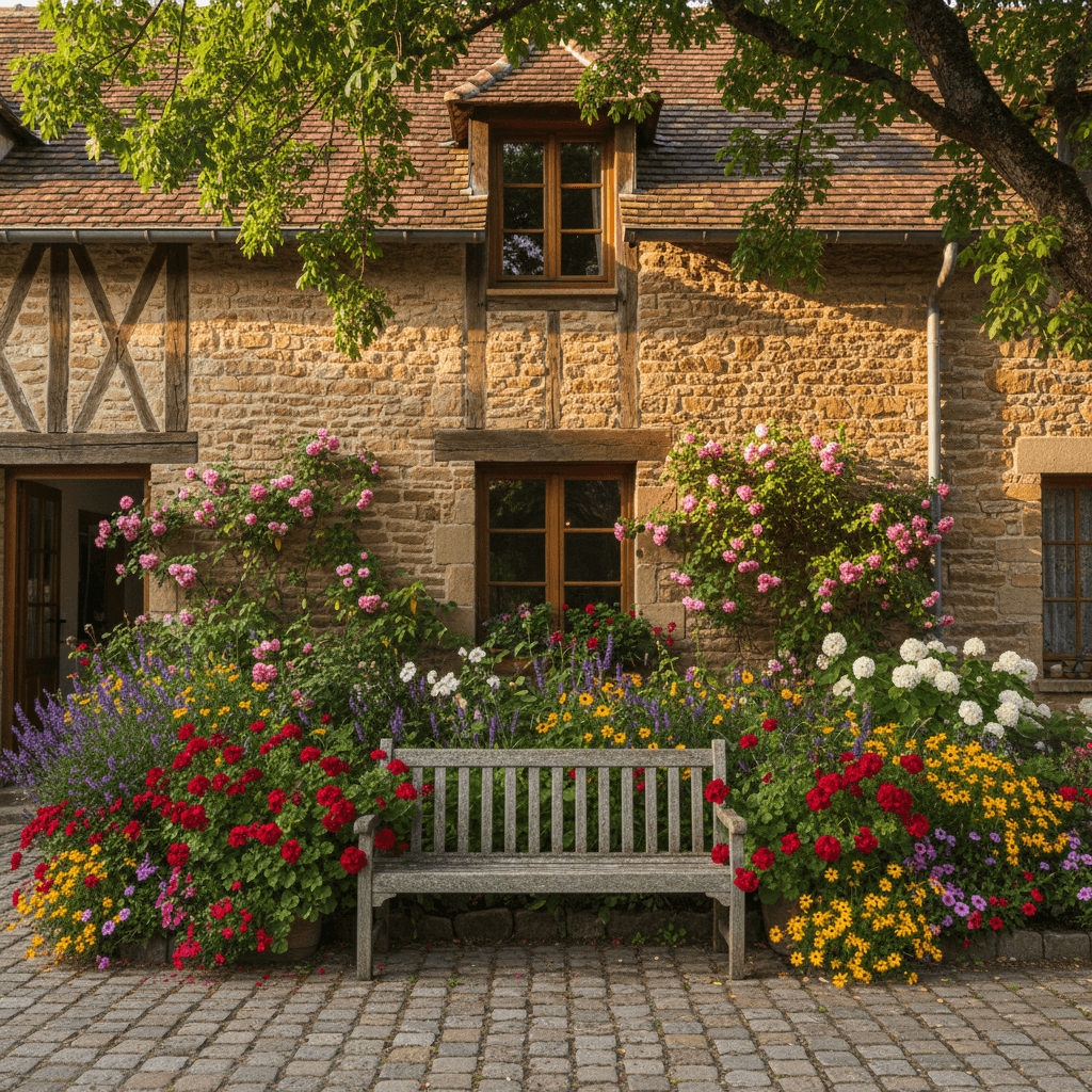 Garden corner with bench outside the restored village house