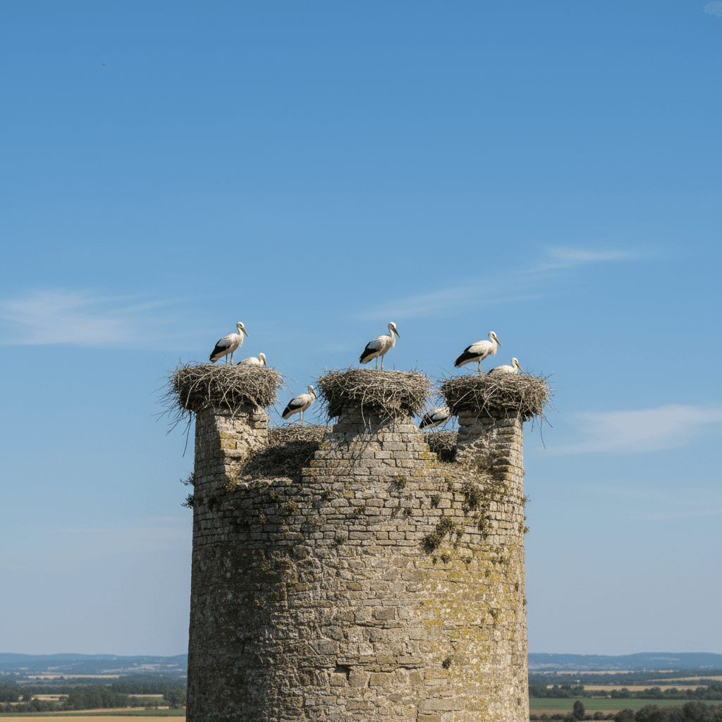 Peñaflor de Gállego tower with storks nesting on top