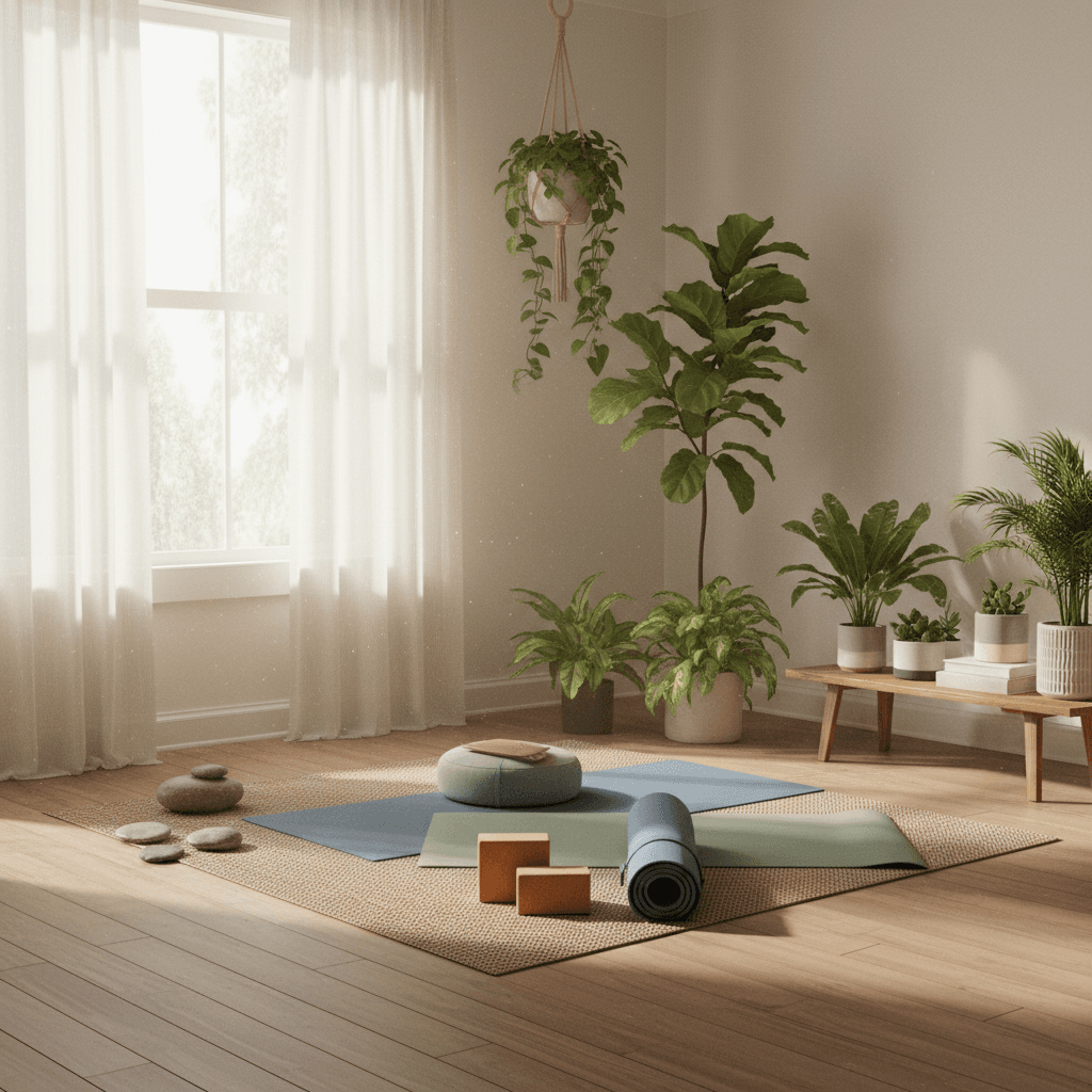 Quiet yoga room with wooden floor, rolled mats, and plants near a window