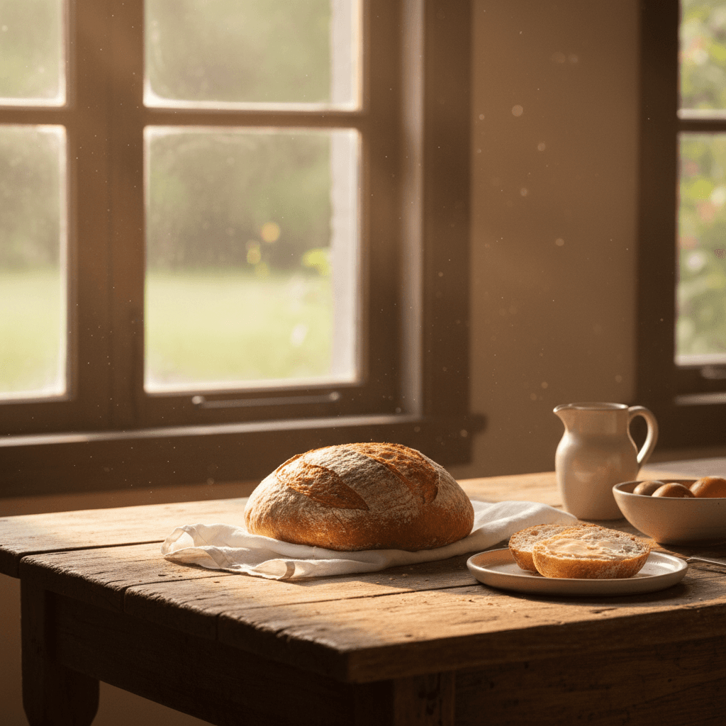 Homemade bread and ceramic plates on a rustic wooden table in warm morning light