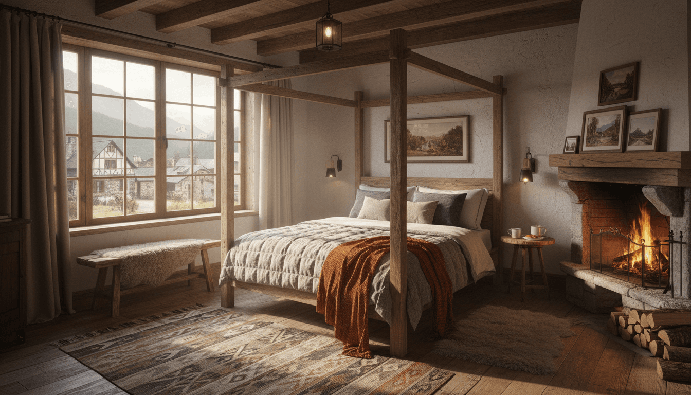Sunlight streaming through a window onto a bed in a rustic village guesthouse room