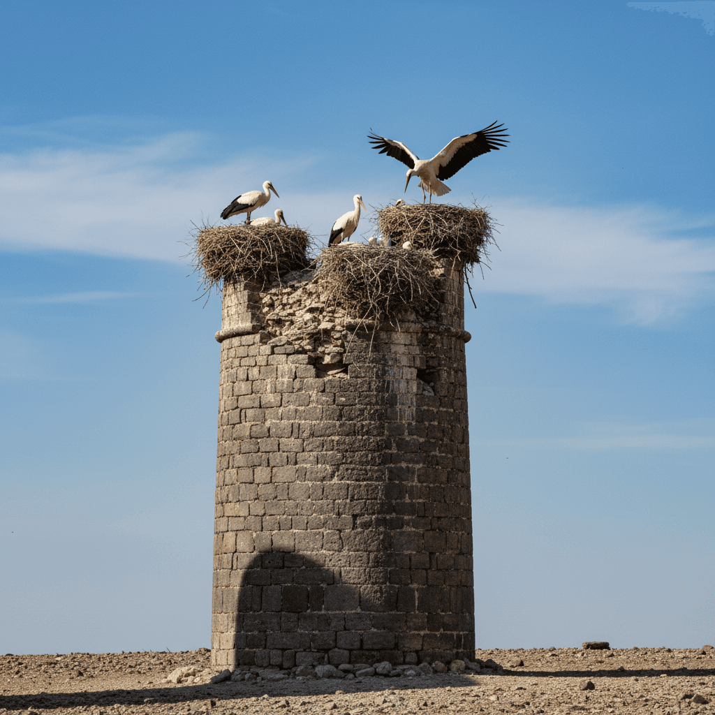 Historic stone tower with large stork nests on top against a clear blue sky