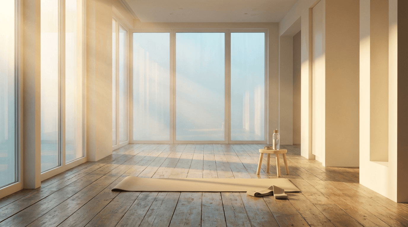 Peaceful yoga and meditation room bathed in natural light