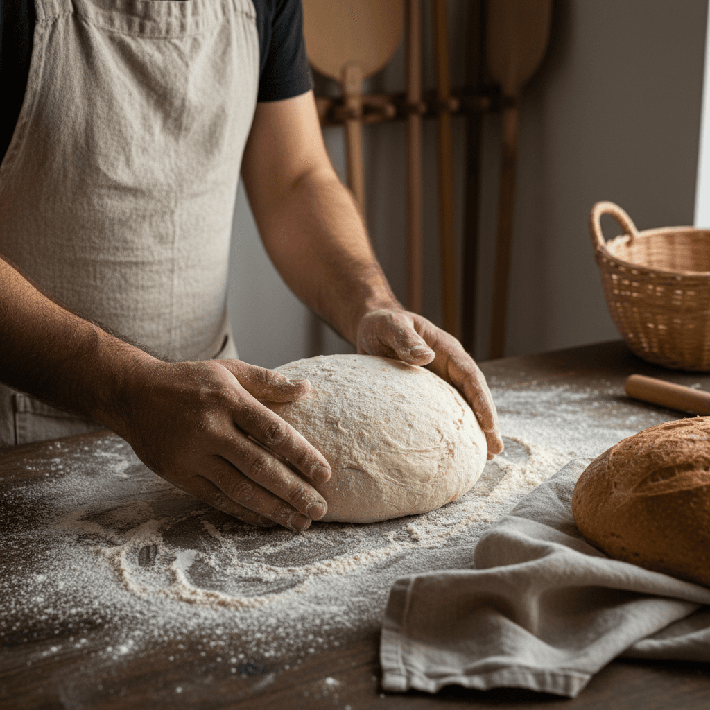 Hands kneading bread dough during a baking workshop