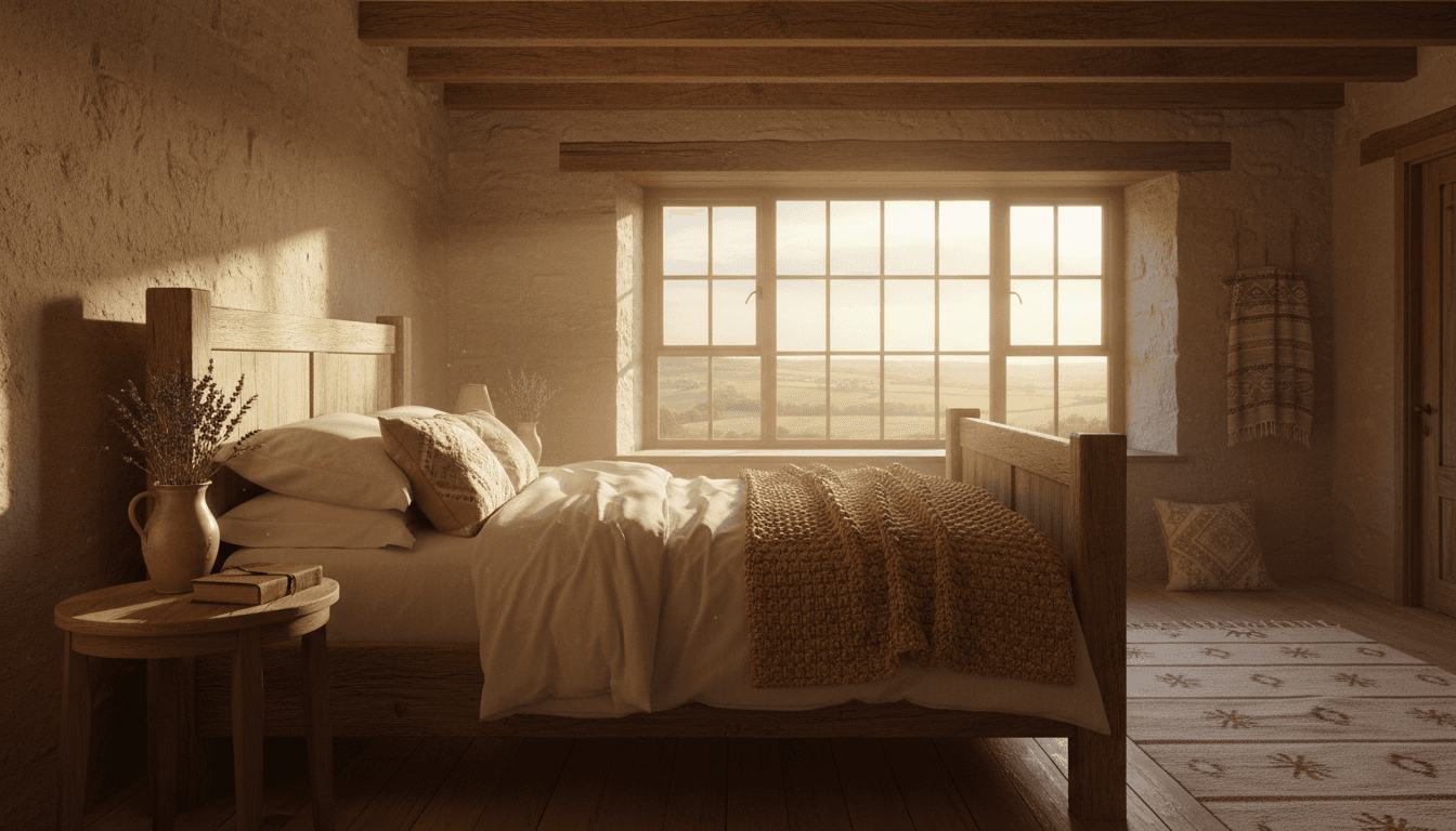 Sunlit bedroom with a wooden bed and a plant on the windowsill