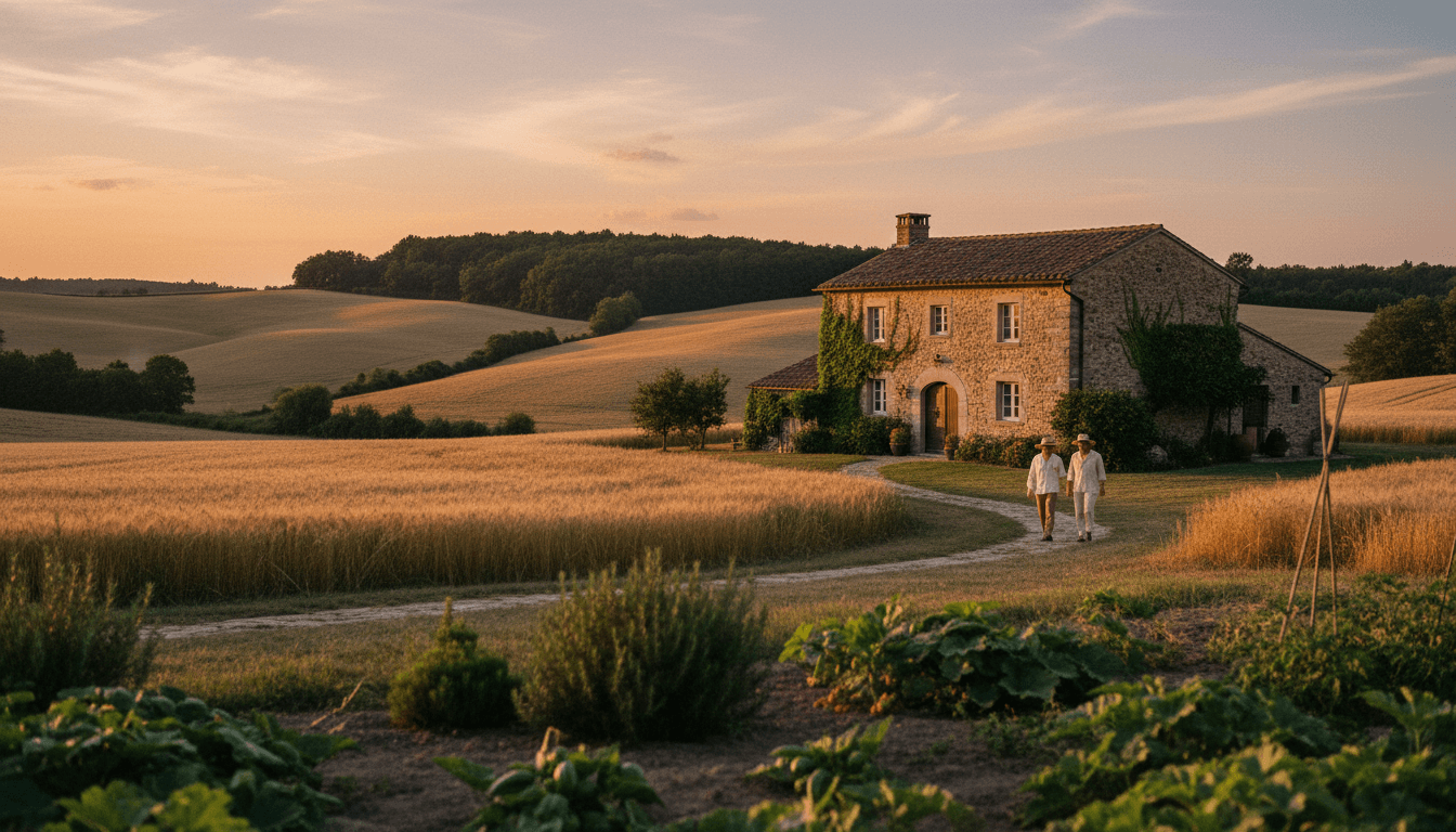 Restored village house exterior with stone walls and warm evening light