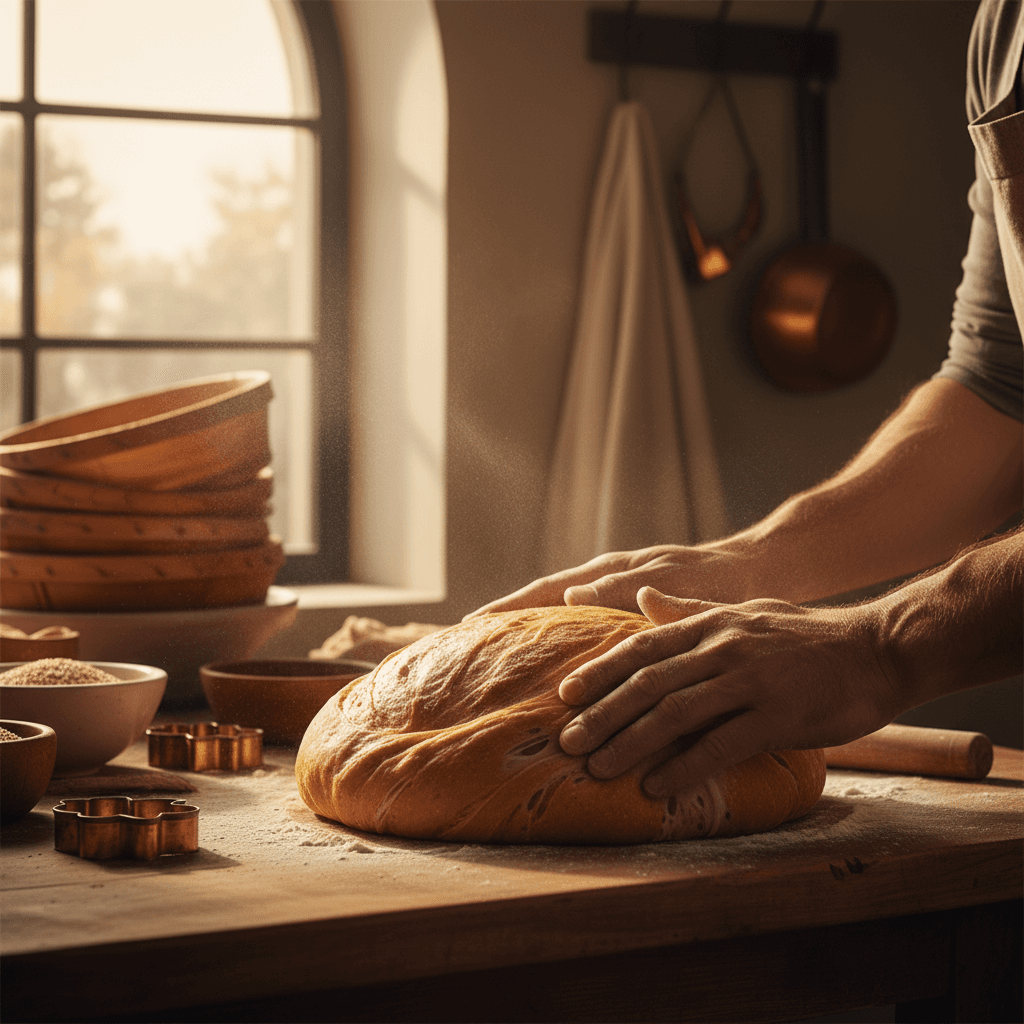 Hands kneading dough in a rustic kitchen during a traditional baking workshop