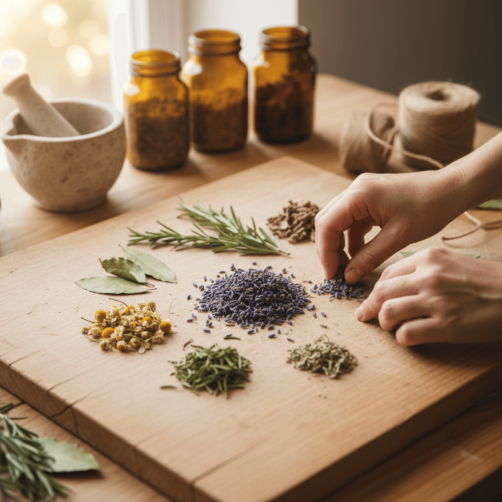 Natural cosmetics workshop with homemade jars and herbs