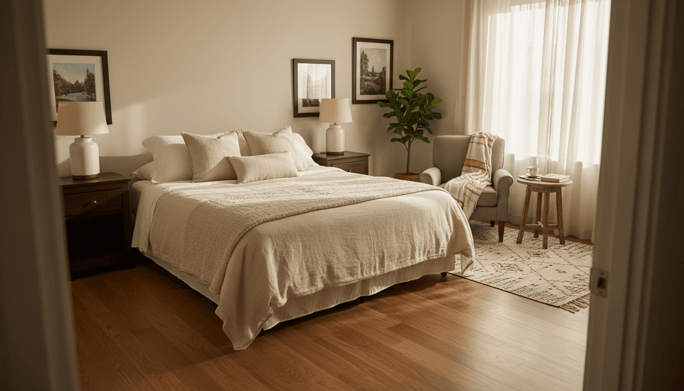 Cozy bedroom with a bed, a window, and a plant