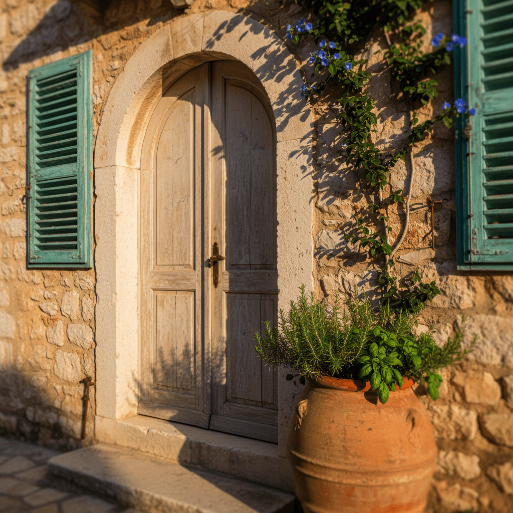 Village house exterior with stone walls